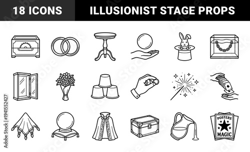 Magic performance and illusionist equipment elements in bold monoline style. Professional stage magic props featuring sleight of hand and escapology concepts.