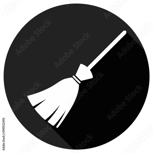 White broom icon illustration against dark gray circle, cleaning and hygiene concept