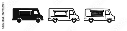 Food truck or catering van icons set. Mobile restaurant, street food, and takeaway service.
