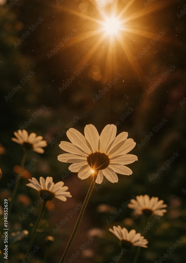 Fototapeta premium Daisy illuminated by golden sunlight.