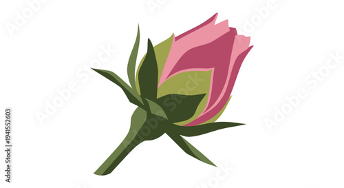 Pink Rose Bud Illustration with Green Leaves - Elegant Floral Design