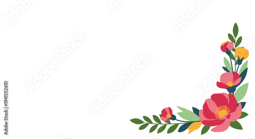 Floral Corner Decoration With Pink And Yellow Flowers And Green Leaves