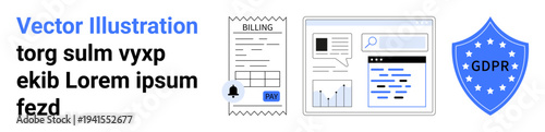 Data security, digital privacy, GDPR compliance, financial safety, online analytics, billing protection. Visuals include a receipt, graph webpage and GDPR shield. Data security and digital privacy