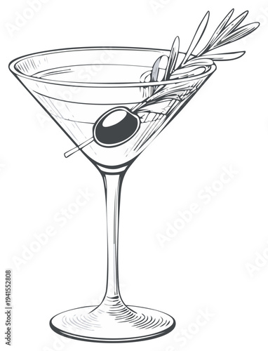 Hand drawn line art illustration of a martini glass with olive and rosemary garnish