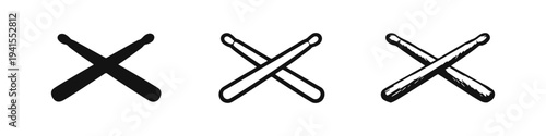 Drumsticks icon set. Musical instrument symbol in solid, outline, and hand-drawn styles.