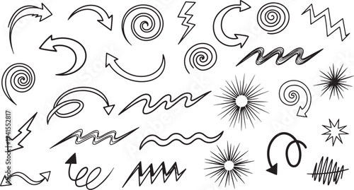 Collection of Various Hand-Drawn Abstract Symbols and Shapes in Black on a Plain Background from a Direct Viewpoint