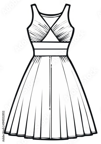 Sleeveless flared dress with ruched bodice and defined waistline sketch