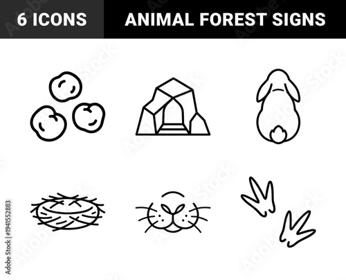 Wild animal tracking and forest habitat monoline pictograms. Minimalist line art featuring cave shelter, rabbit, droppings, whiskers, paw prints, and bird nest.
