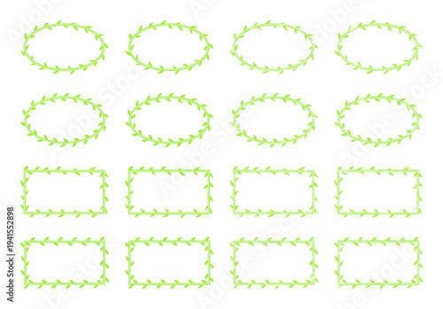 Green oval and rectangular frames with leaves and empty place for text, isolated on a white background. Large collection of different edging, plant borders. Vector big set of framing for greeting card