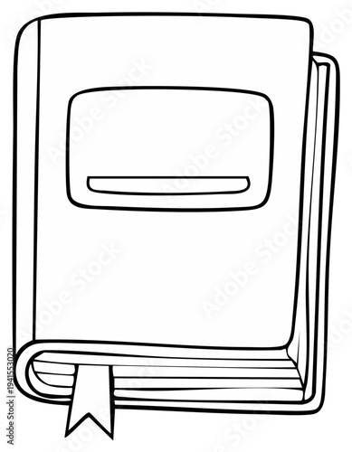 Illustrated book with a bookmark in black and white, simple line drawing