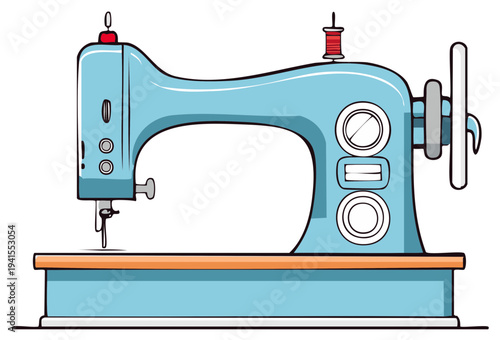 Vintage light blue sewing machine with red thread spool craft and hobby illustration