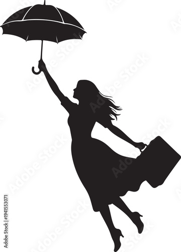 A woman flying through the air with an umbrella