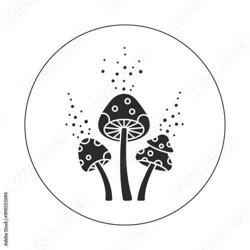 Stylized Mushroom Group Illustration with Floating Spores - Abstract Fungi Silhouette Vector Icon Design Element for Nature, Fantasy, and Whimsical Concepts