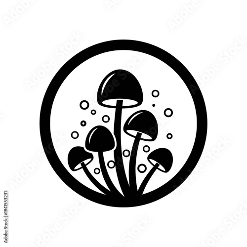 Circular icon featuring a cluster of stylized mushrooms with bubbles, symbolizing nature and growth