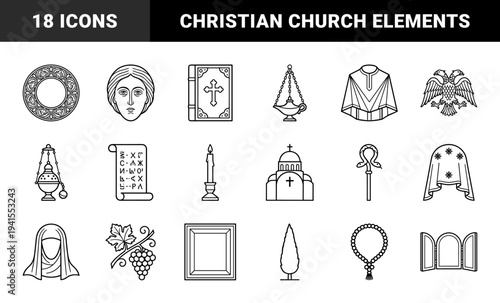 Orthodox Christian religious symbols and liturgical items. Monolinear black and white graphics featuring Byzantine theology and church tradition elements.