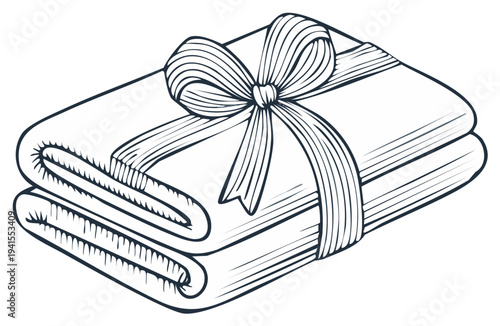 Neatly folded towels or blankets tied with a ribbon and bow line art illustration