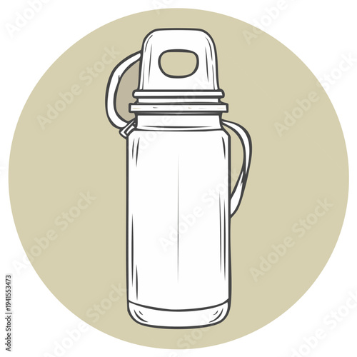 Simple line art illustration of a durable thermos bottle with a carrying handle for outdoor activities.