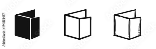 Folded document icon set. Brochure or leaflet symbol in solid, outline, and hand-drawn styles.