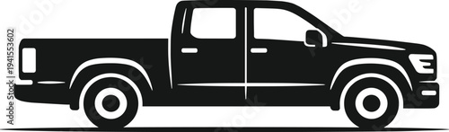 Minimal vector silhouette, pickup truck side view utility vehicle, solid black, isolated on white background.