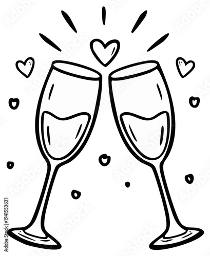 Two champagne glasses toasting with hearts and sparkles celebrating love and romance