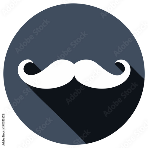Elegant white mustache icon with long shadow effect in a dark circle flat design graphic