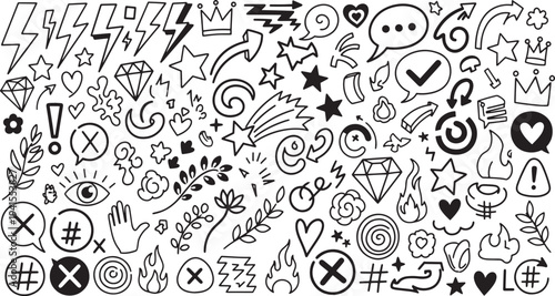 A collection of diverse doodles and symbols scattered across a plain background from a direct viewpoint
