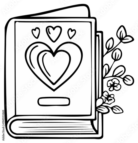 Hand drawn open book with heart and flower embellishments celebrating love and romance