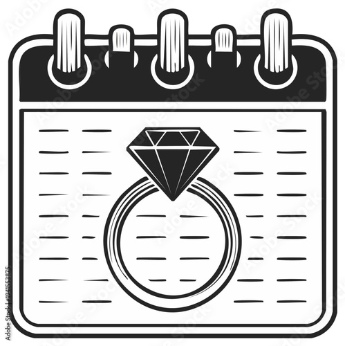 Engagement calendar icon. A ring with a diamond inside a tear-off calendar. wedding date