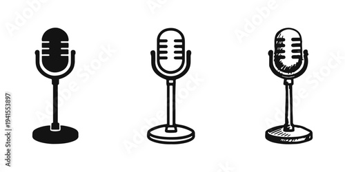 Retro microphone icon set. Vintage sound recording symbol in solid, outline, and hand-drawn styles.