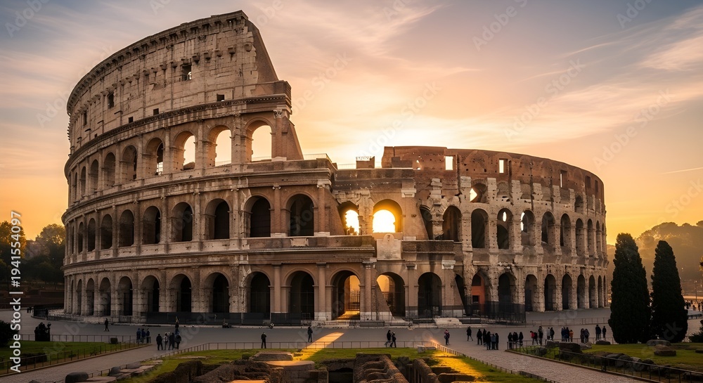 Fototapeta premium Ancient Roman Colosseum at Sunset with Golden Hour Light and Tourists