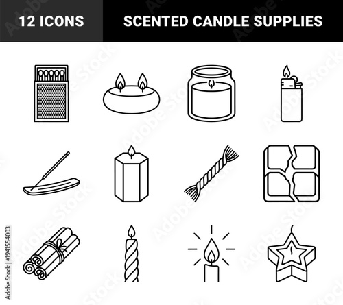 Aromatherapy and home fragrance linear elements featuring scented candles, matches, incense sticks, and wick trimmers. Minimalist monoline symbols for relaxation and wellness branding.