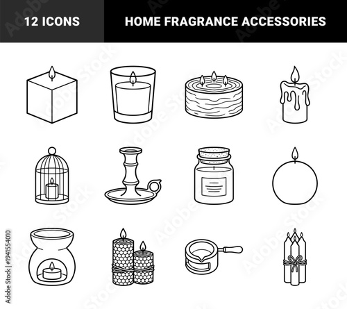 Aromatherapy and home fragrance line art elements. Minimalist monoline illustrations featuring scented candles, wax warmers, and decorative holders for interior design.