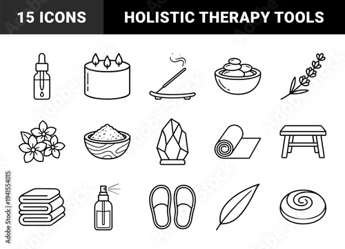 Wellness and holistic spa therapy elements in a clean monoline aesthetic. Minimalist line art featuring aromatherapy, meditation accessories, and self-care essentials for branding.