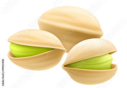 Set of realistic pistachios in 3d style. Pistachios in shell and without shell isolated on white background. Natural organic food. Design element for nuts packaging, advertising. Vector illustration.