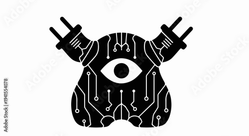 Futuristic robot eye with circuit board patterns and electrical plugs
