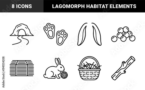 Rabbit care and lagomorph wildlife habitat elements. Minimalist monoline pictograms featuring burrowing, foraging, and pet welfare essentials.