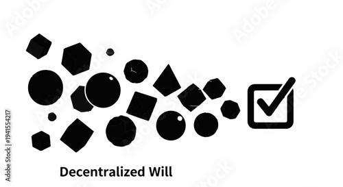 Abstract shapes morphing into a checkmark, symbolizing decentralized decision-making and approval.