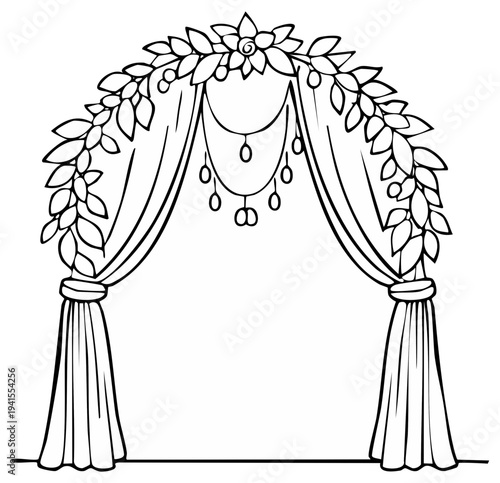 Stylized wedding arch with foliage and fabric drapes illustration in minimalist black and white line art