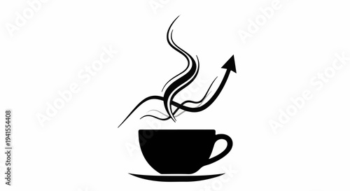 Steaming coffee cup with an upward trending arrow indicating business growth and success.