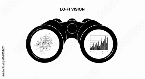 Binoculars revealing complex data analysis and a clear growth chart, symbolizing insight and future vision.