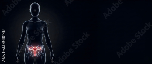 Hyperrealistic 3D Human Reproductive Female System inside Body Silhouette on Black with Copy Space