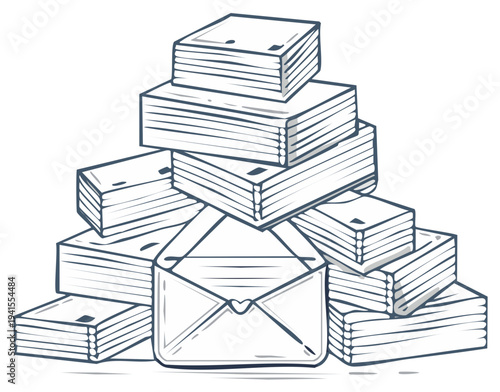 Illustration of Stacked Documents with Envelope Depicting Overwhelming Paperwork or Correspondence Concept