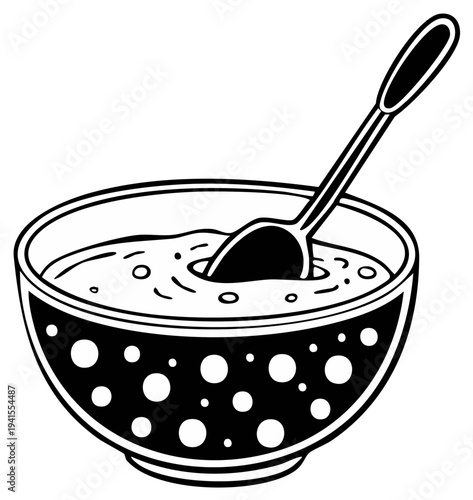Hand-drawn illustration of a bowl of porridge with a spoon, black and white graphic