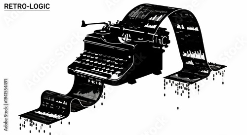 Vintage typewriter producing a stream of data and abstract patterns, symbolizing old technology meeting digital information.