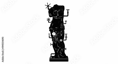 Intricate dark sculpture with mechanical elements and gauges resembling a human form against a white background