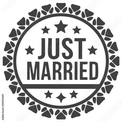 Just Married announcement badge with decorative paw print border and stars celebrating a new marriage