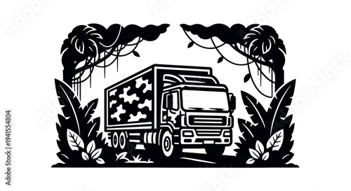 Camouflaged Truck Driving Through Dense Jungle Foliage, Adventure Travel