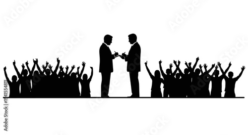Businessmen Handshake Ceremony with Cheering Crowd Silhouette