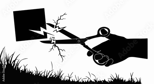 Hand with scissors cutting a black square with lightning bolts symbolizing innovation and disruption.