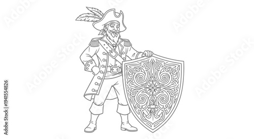 Cartoon Pirate Captain with Ornate Shield, Black and White Line Art